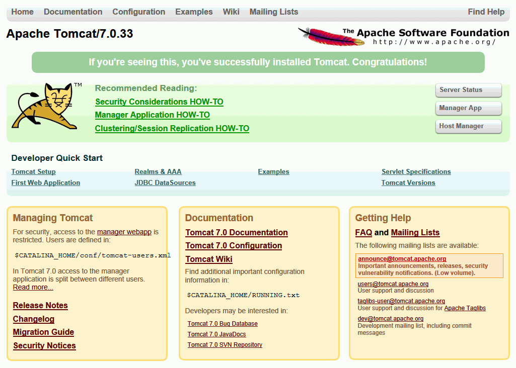 Tomcat web server verification screen