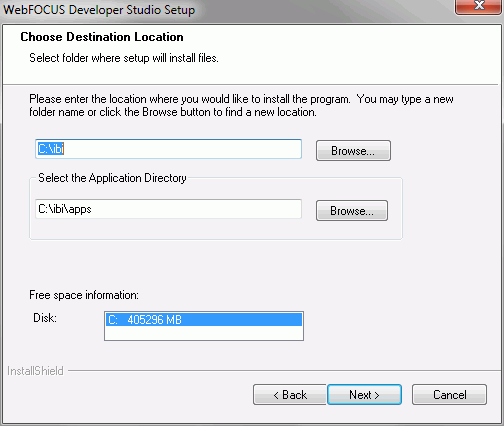 WebFOCUS Developer Studio Choose Destination Location dialog box