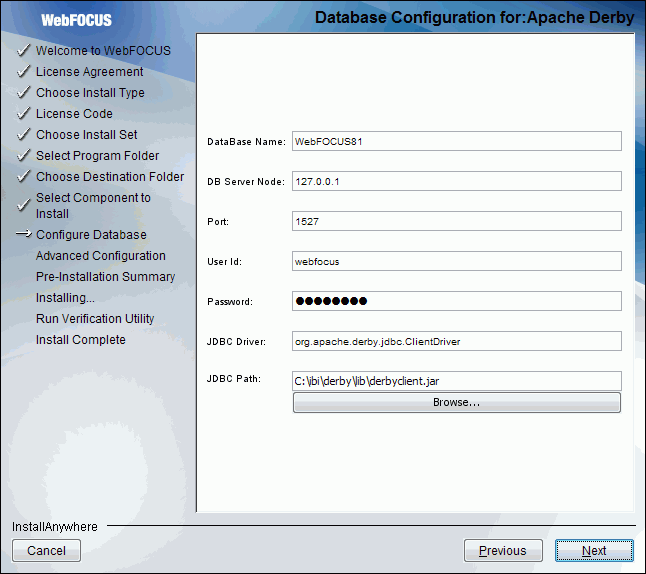 Database Configuration for Apache Derby dialog box