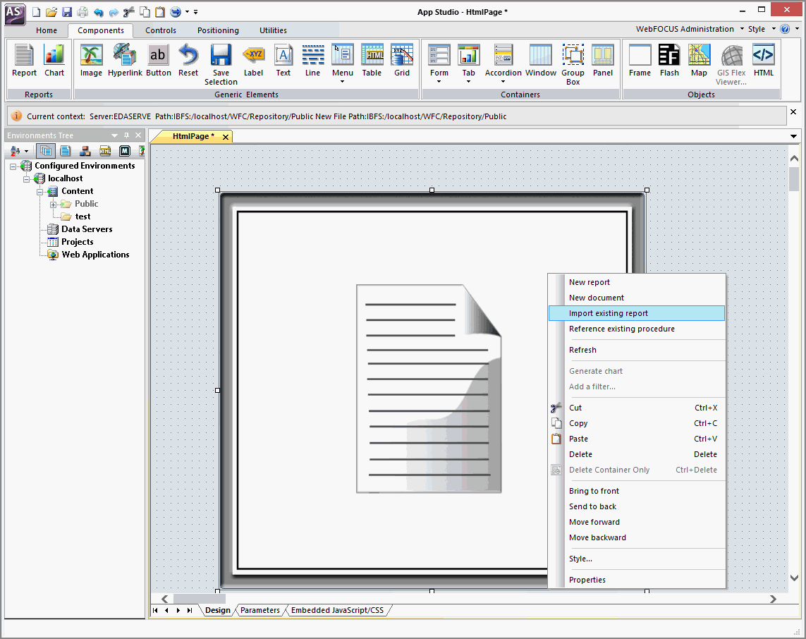 HTML Canvas with Report Frame and shortcut menu, Import Existing Report command selected
