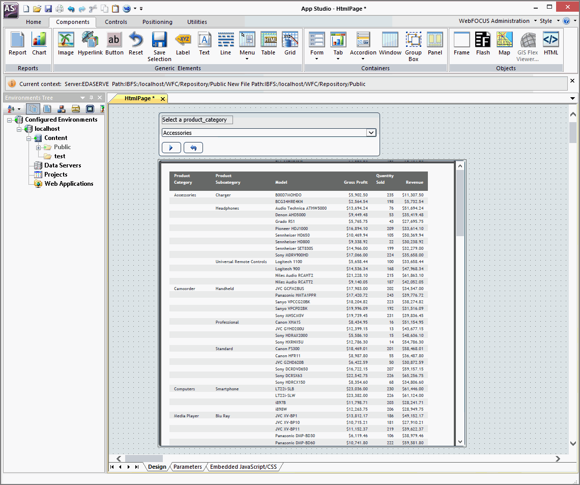 HTML/Document tab with the Report and the new Parameter Selection dialog box on display