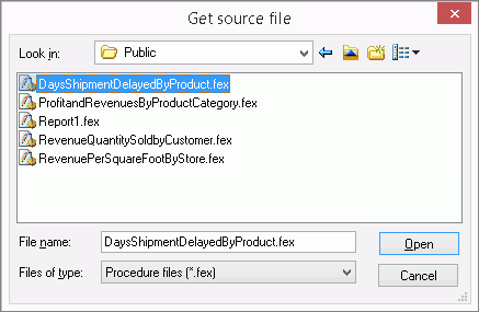 Get Source file dialog box with list oif report files.