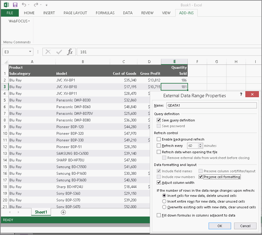 In Excel, the External Data Range Properties dialog box with the Preserve cell formatting check box selected