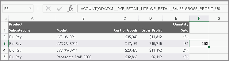 The Count formula based on a range name and the results of that formula in the spreadsheet
