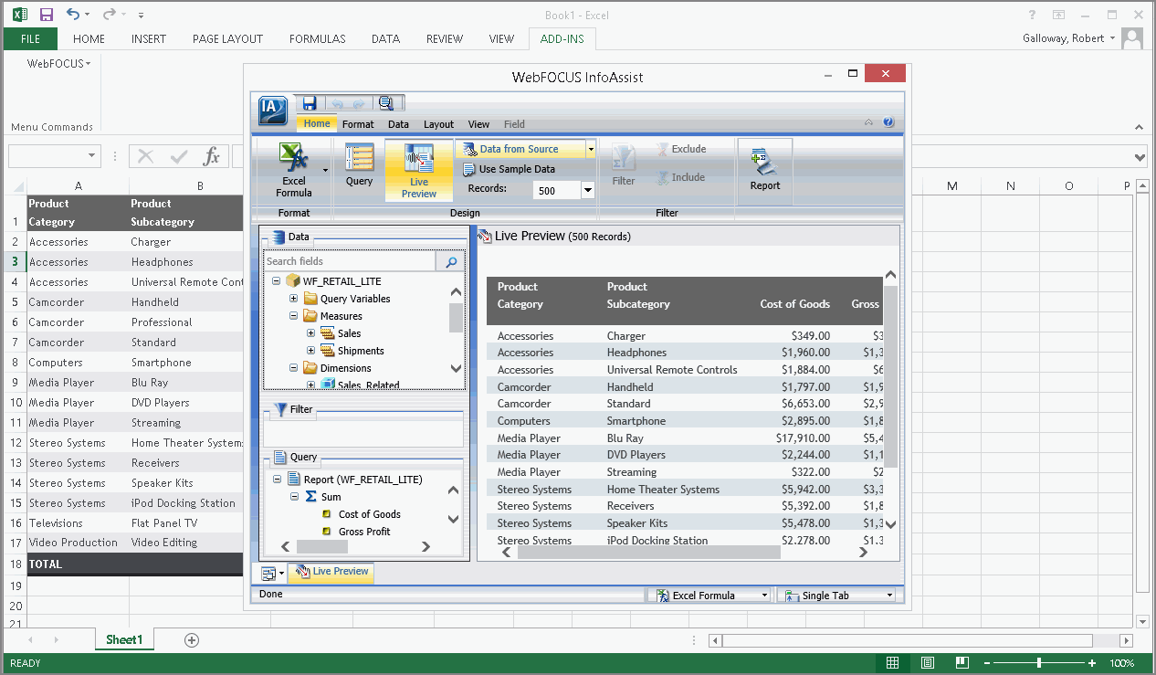 InfoAssist screen displaying the query and query results selected from the Excel data range.