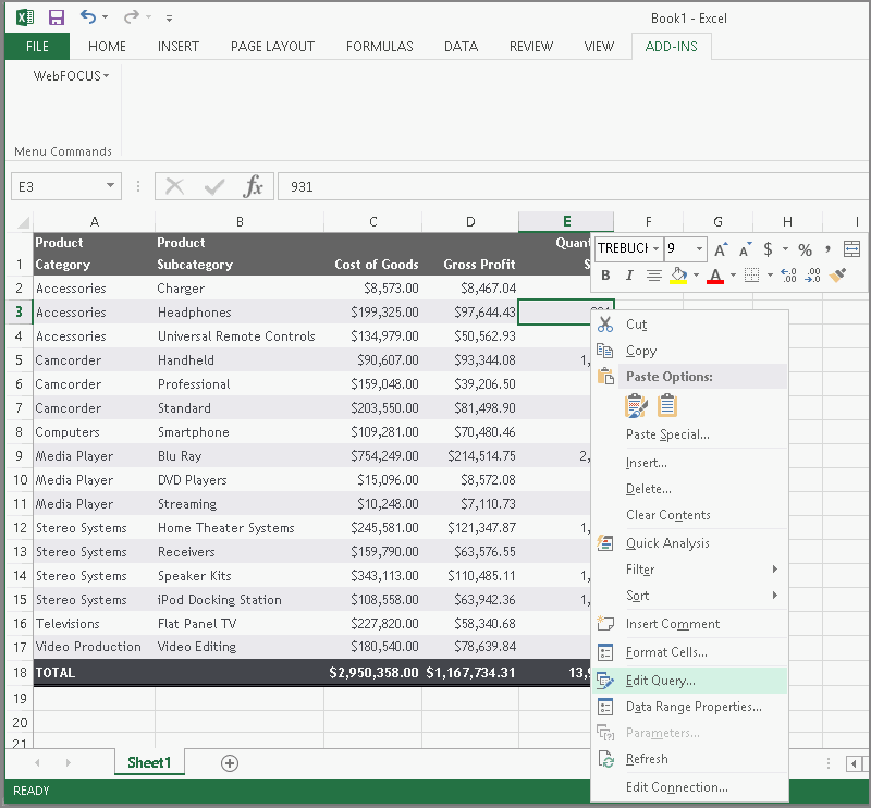 Query Data Range shortcut menu, Edit Query command selected