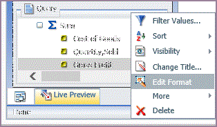 InfoAssist Query Pane Shortcut menu, Edit Format command selected