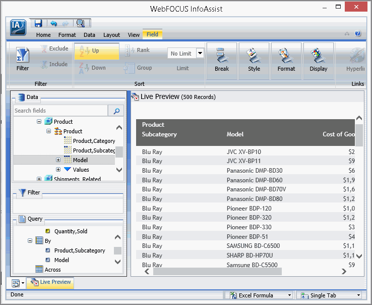 InfoAssist window with the reformatted query results