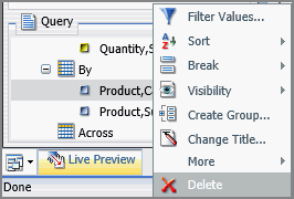 Query pane shortcut menu, Delete command selected