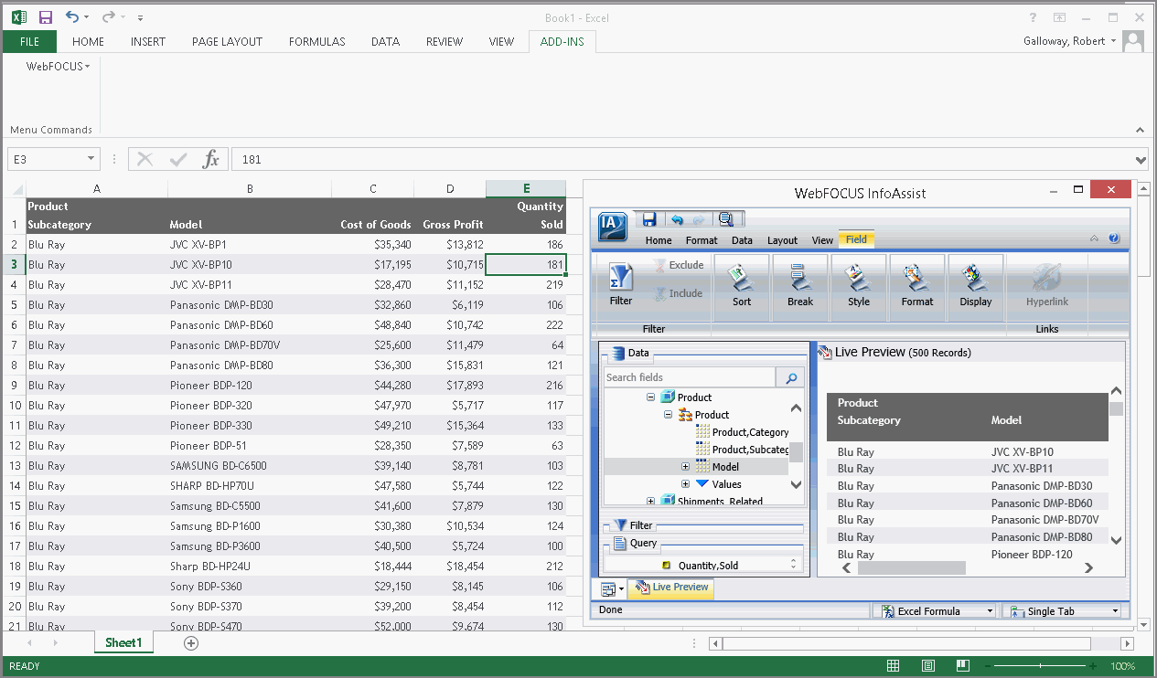 InfoAssist and Excel with the reformatted query results