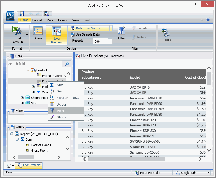 InfoAssist Data Pane shortcut menu, Filter command selected