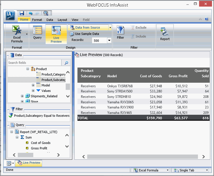 InfoAssist with the new filtered query displaying a more limited set of results