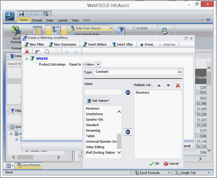 The Create a filtering condition dialog box with the Values dialog box open with values from the Receiver field