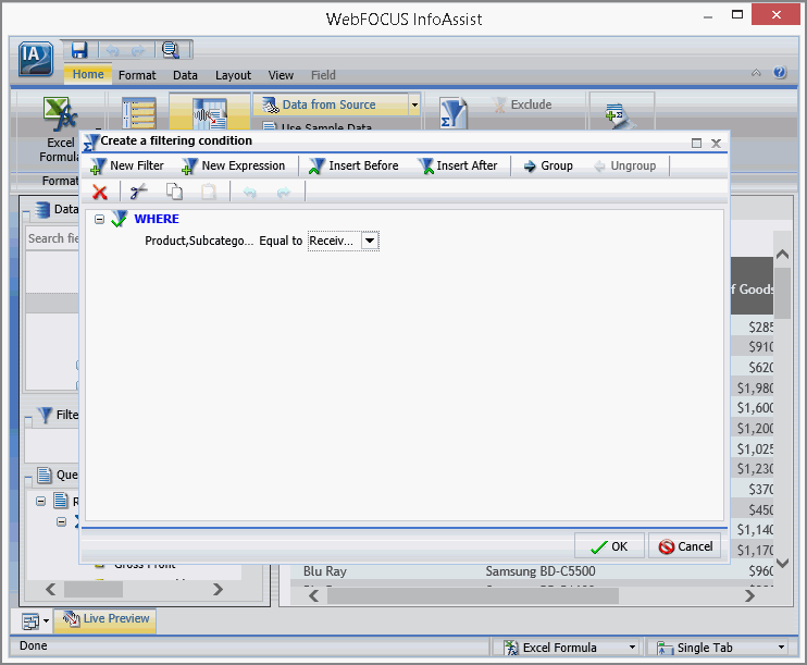 The Create a filtering condition dialog box with the Values dialog box open with the Receiver field value assigned