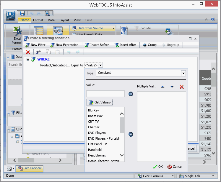 The Create a filtering condition dialog box with the Values dialog box with the Product,Category values in the available list box