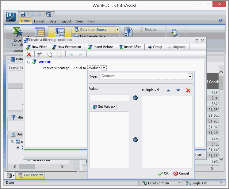 The Create a filtering condition dialog box with the Values dialog box open ready for a selection