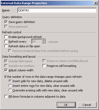External Data Range Properties dialog box