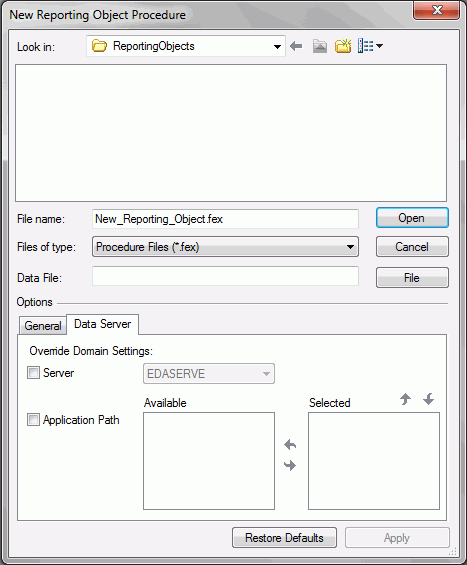Data Server Tab on the New Reporting Object Procedure Dialog Box