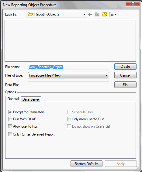 New Reporting Object Procedure Dialog Box