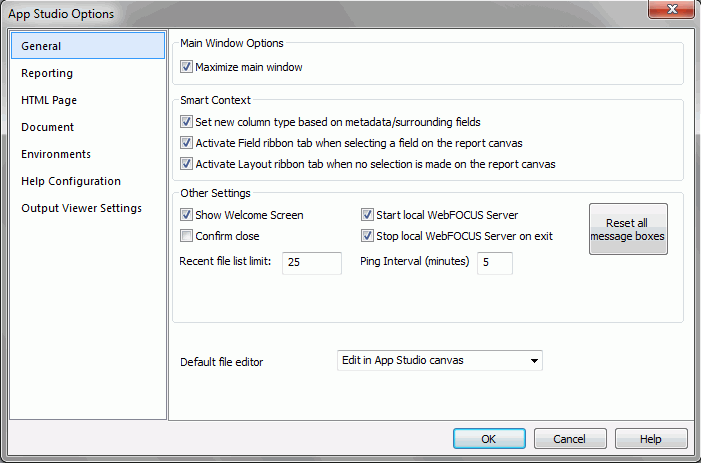 App Studio Options dialog box