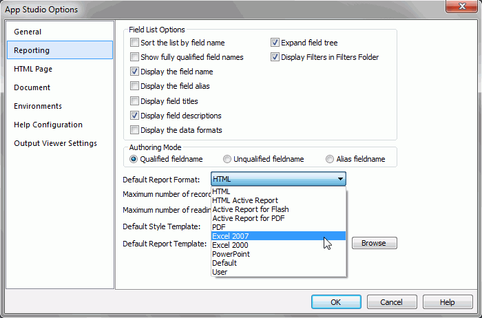 Reporting tab of App Studio Options dialog box