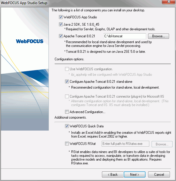 Components Setup window