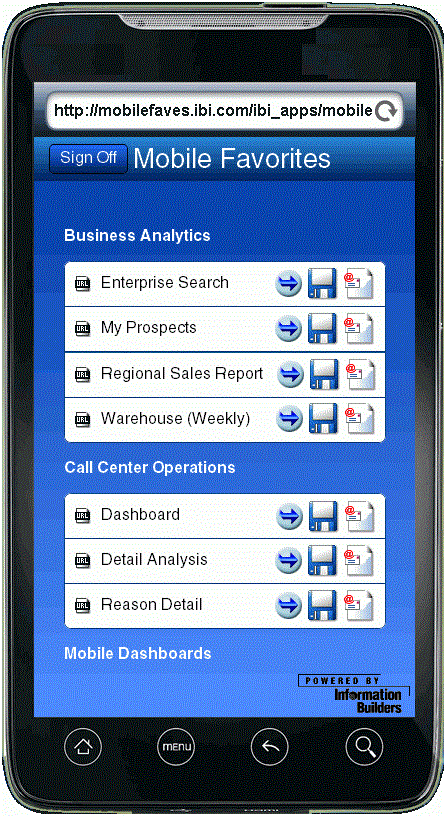 Mobile Favorites Launch Page With Available Report Items