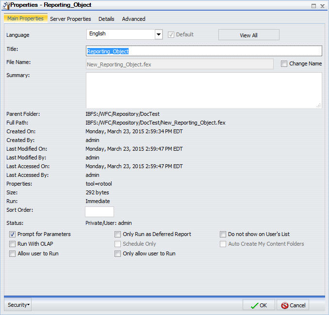 Reporting Object Properties - Main Properties