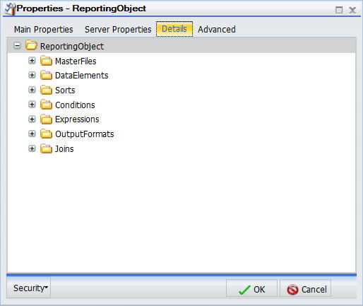 Reporting Object properties  Details tab