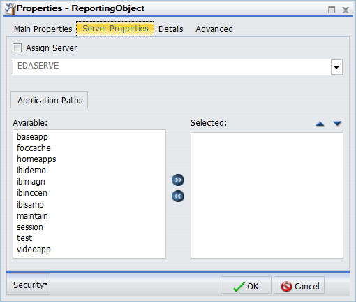 Reporting Objects properties Server Properties tab