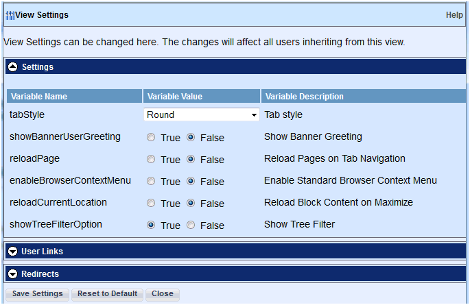 View Settings dialog box, Settings pane