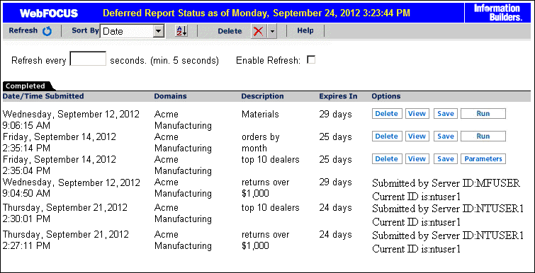 Deferred Report Status window