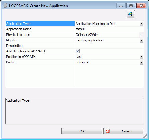 Create New Application dialog box