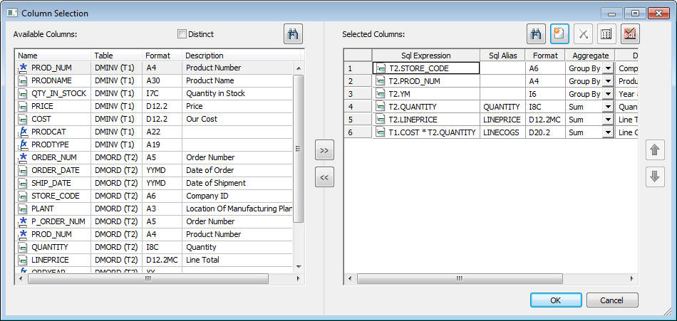 Columns Selection Window