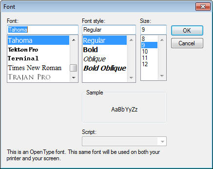 Font dialog box