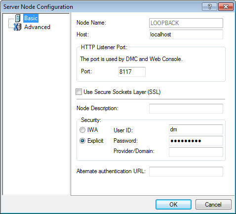 Server Node Configuration Window