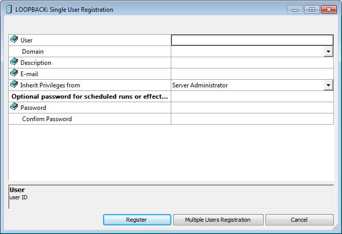 Single User Registration window