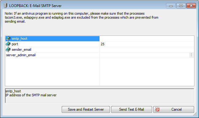 E-mail SMTP Server dialog box