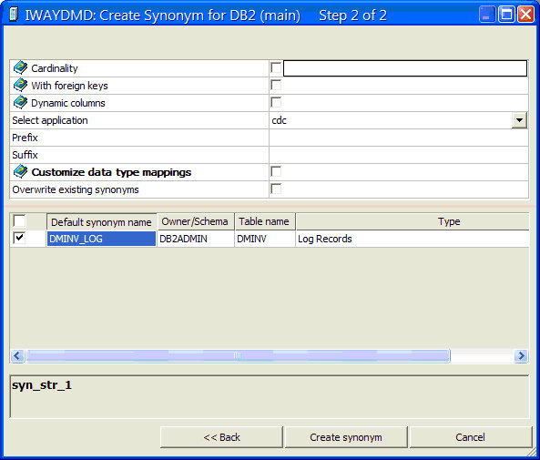 Create Synonym window