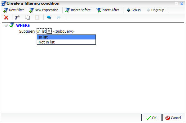 In list selected as comparison operator