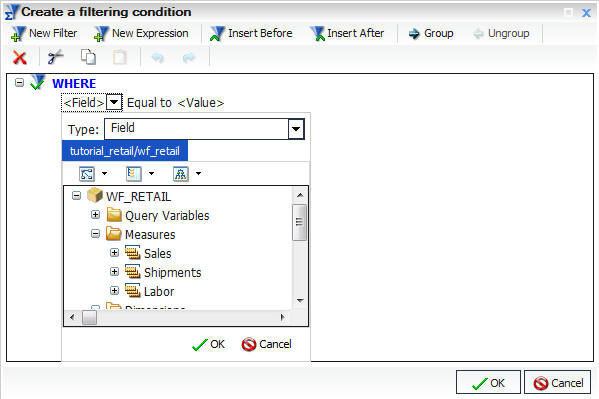 Subquery selection in the Type drop down menu