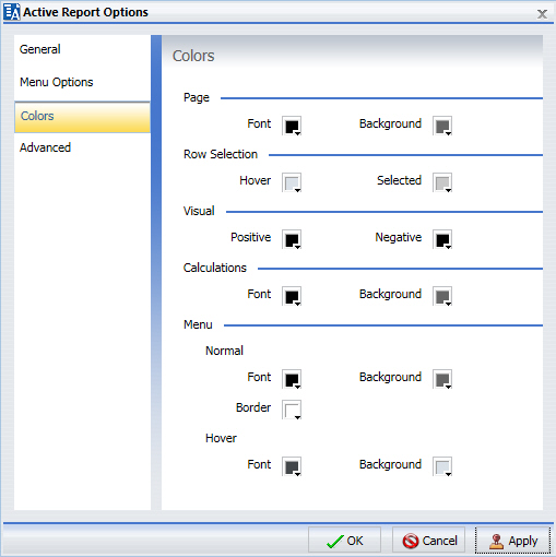 Active Report Options Dialog Box Colors Tab