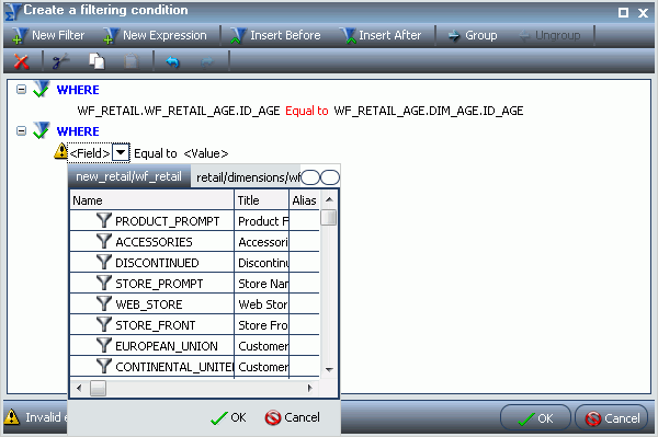 Create a filtering condition dialog box
