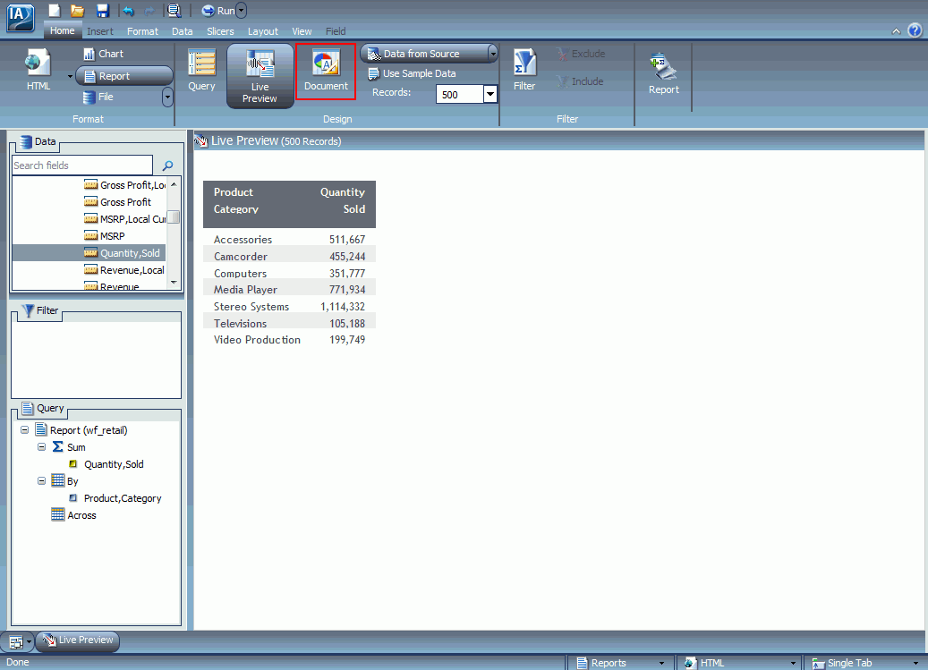Document icon highlighted on ribbon and Navigation taskbar