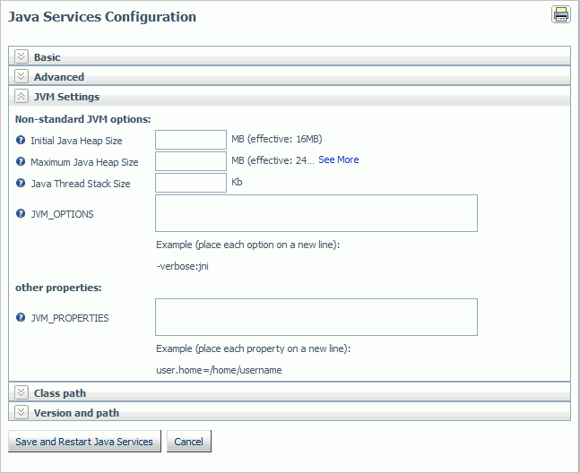 Java Services Configuration - Non-standard JVM options
