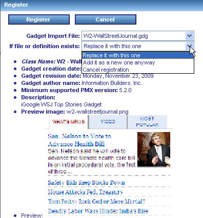 Register panel for a gadget