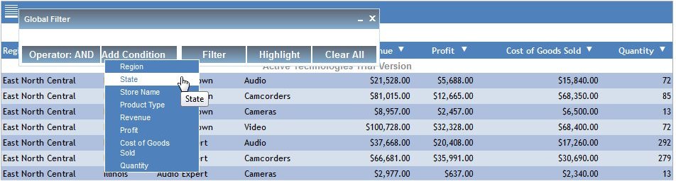 Global Filter menu option