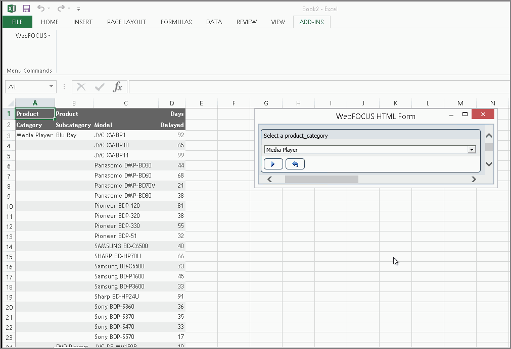 The ad hoc report select a prorduct category drop-down list box next to values imported to Excel from the new selection