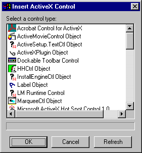 Insert Activex Control dialog box