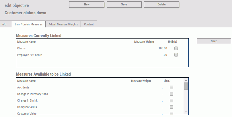 Link Unlink Measures tab